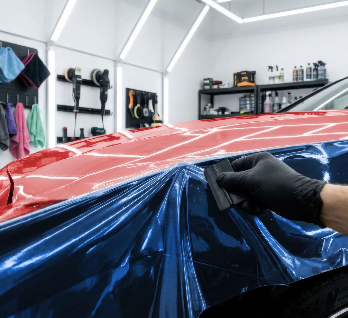 Professional car detailer applying transparent paint protection