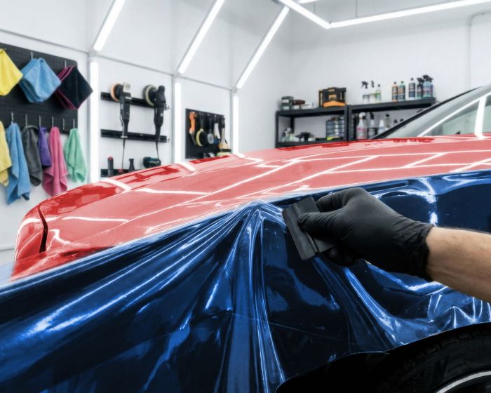 Professional car detailer applying transparent paint protection